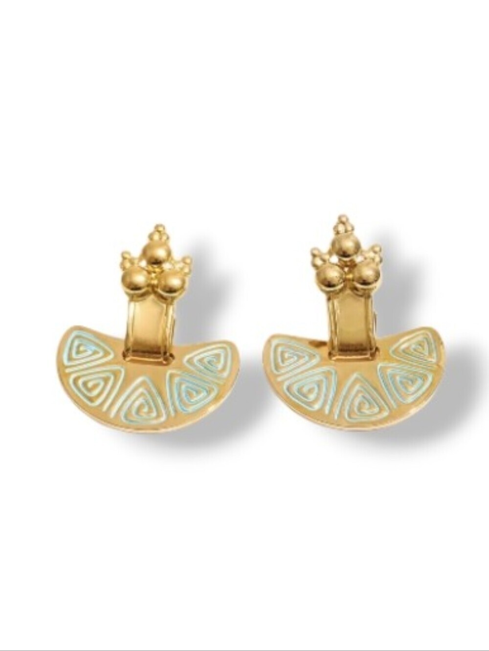 New! Gold Blue Green Half-Moon Earrings • Gold Plated Geometric Fan Shaped •